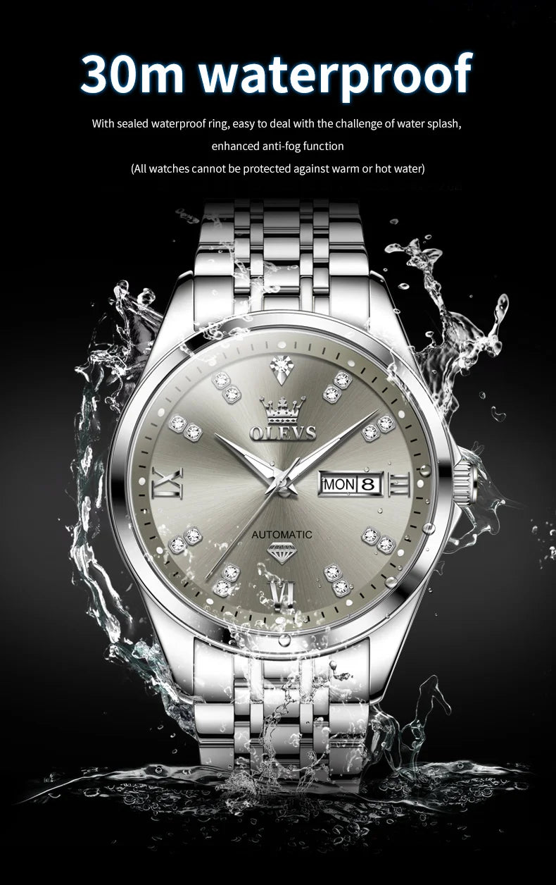 OLEVS 9801 Mens Watch Original Waterproof Luminous Watches For Men Automatic Mechanical Watch Dual Calendar Display Mens Gifts - EverythingWhatYouWant