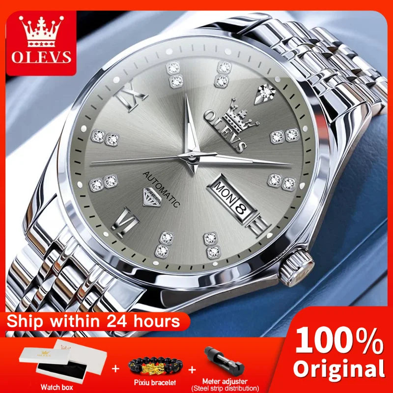 OLEVS 9801 Mens Watch Original Waterproof Luminous Watches For Men Automatic Mechanical Watch Dual Calendar Display Mens Gifts - EverythingWhatYouWant