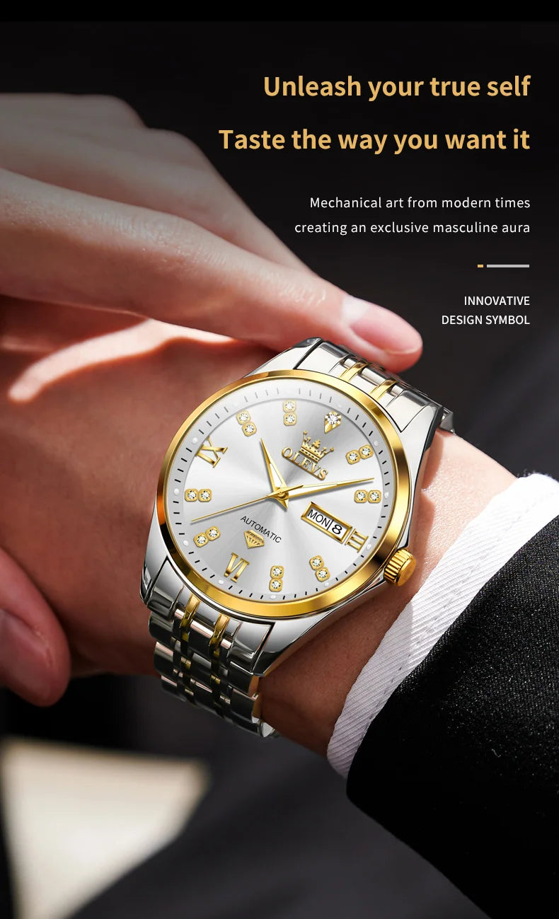 OLEVS 9801 Mens Watch Original Waterproof Luminous Watches For Men Automatic Mechanical Watch Dual Calendar Display Mens Gifts - EverythingWhatYouWant