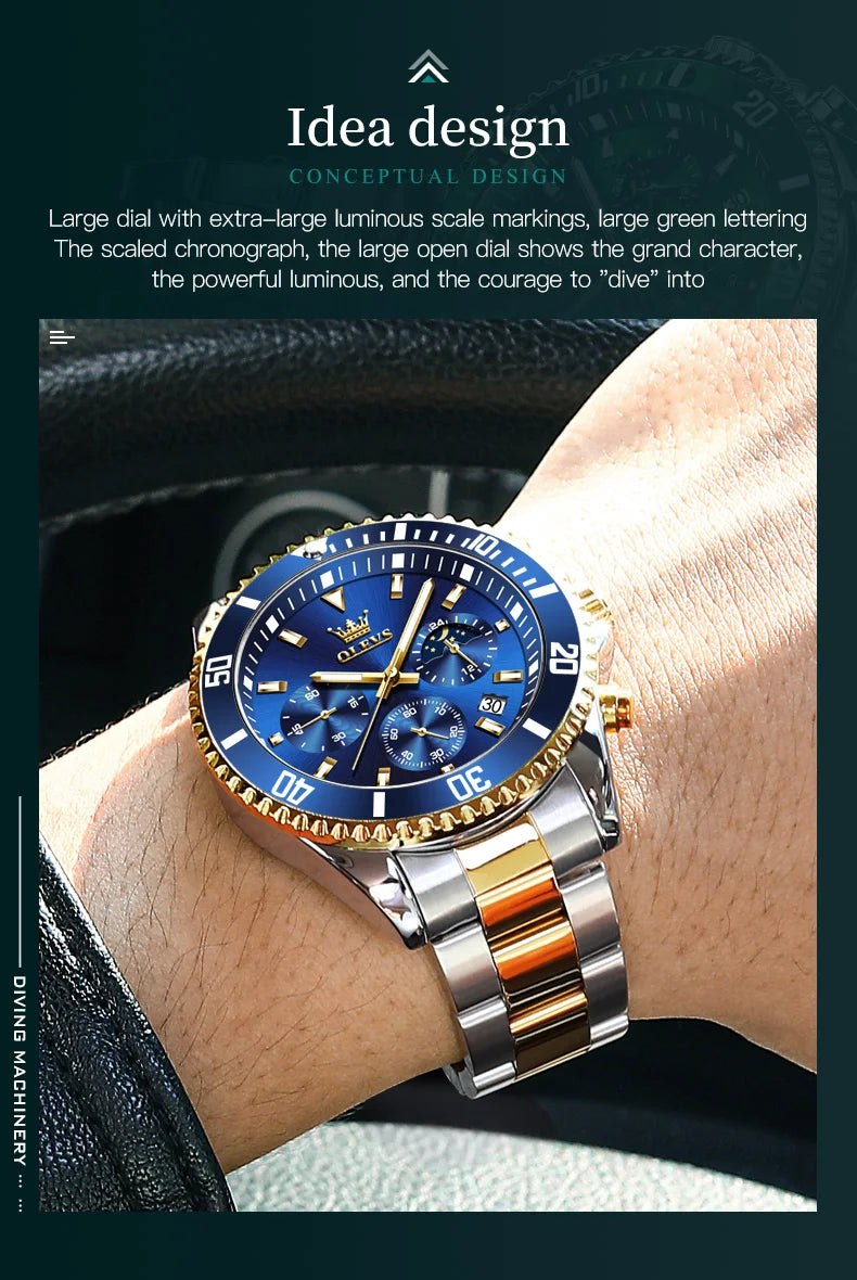 OLEVS Original Quartz Watch for Men Stainless Steel Waterproof Chronograph Moon Phase Auto Date Luxury Men's Sports Wristwatches - EverythingWhatYouWant