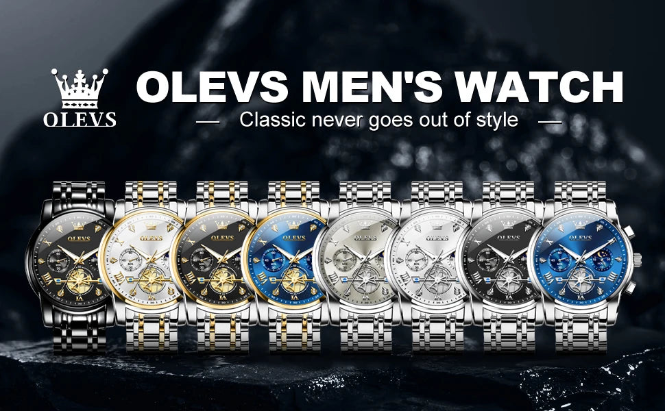 OLEVS 2856 Quartz Watch for Men Flywheel Skeleton Chronograph Moon Phase Multifunctional Stainless steel Men's Wristwatches - EverythingWhatYouWant