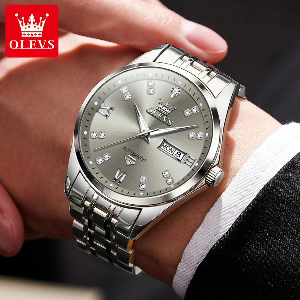 OLEVS 9801 Mens Watch Original Waterproof Luminous Watches For Men Automatic Mechanical Watch Dual Calendar Display Mens Gifts - EverythingWhatYouWant