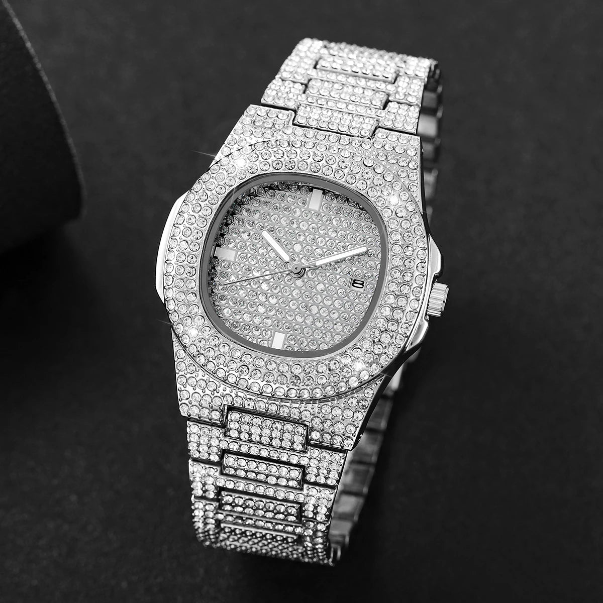 Luxury Full Diamond Men's Stainless Steel Watches Male Sports Quartz Wristwatch with Calendar - EverythingWhatYouWant