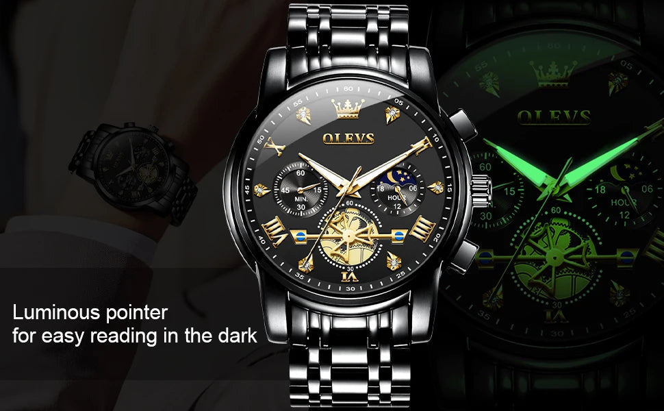 OLEVS 2856 Quartz Watch for Men Flywheel Skeleton Chronograph Moon Phase Multifunctional Stainless steel Men's Wristwatches - EverythingWhatYouWant