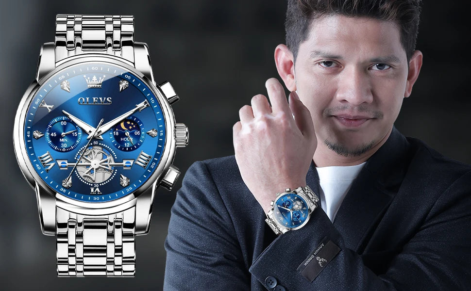 OLEVS 2856 Quartz Watch for Men Flywheel Skeleton Chronograph Moon Phase Multifunctional Stainless steel Men's Wristwatches - EverythingWhatYouWant