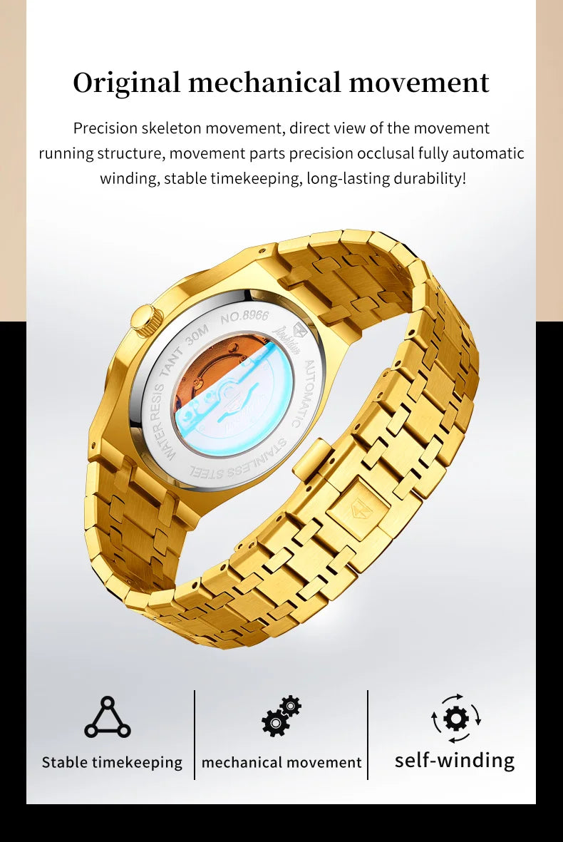 JSDUN 8966 Full Gold Watch for Men Automatic Mechanical Dual Calendar Display Waterproof Night light Man Wristwatch - EverythingWhatYouWant