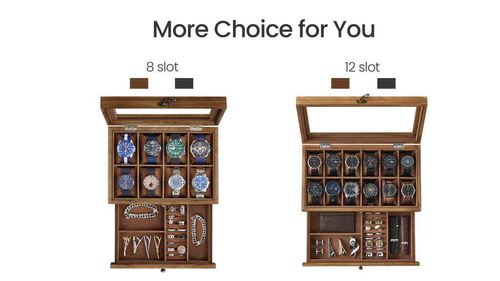 SONGMICS 12-Slot Watch Box, 2-Tier Watch Display Case with Large Glass Lid, Removable Watch Pillows, Velvet Lining, Jewelry Box - EverythingWhatYouWant
