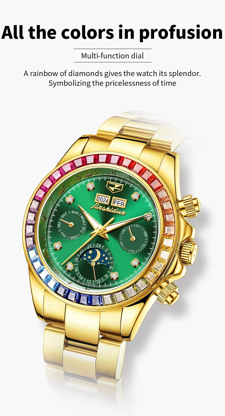 JSDUN 8974 New Moon Phase Automatic Watch for Men Gold Steel Strap Rainbow Diamond Lap Luxury Original Brand Mehcanical Watches - EverythingWhatYouWant