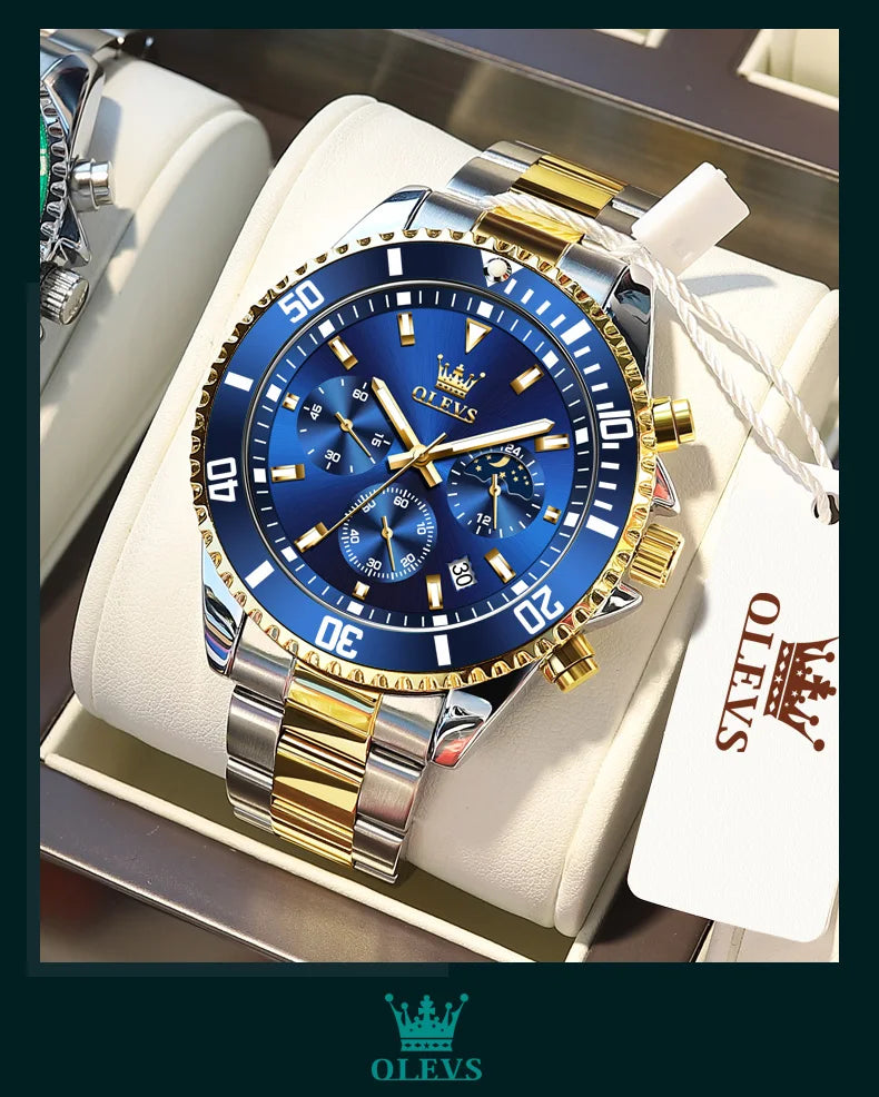 OLEVS Original Quartz Watch for Men Stainless Steel Waterproof Chronograph Moon Phase Auto Date Luxury Men's Sports Wristwatches - EverythingWhatYouWant