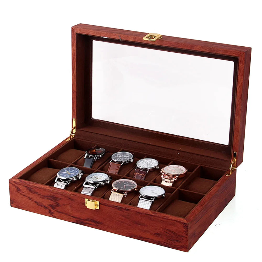 Watch Box, 12 Slot Watch Display Wooden Case, Transparent, Glass Organizer Storage for Men and Women, Brown - EverythingWhatYouWant