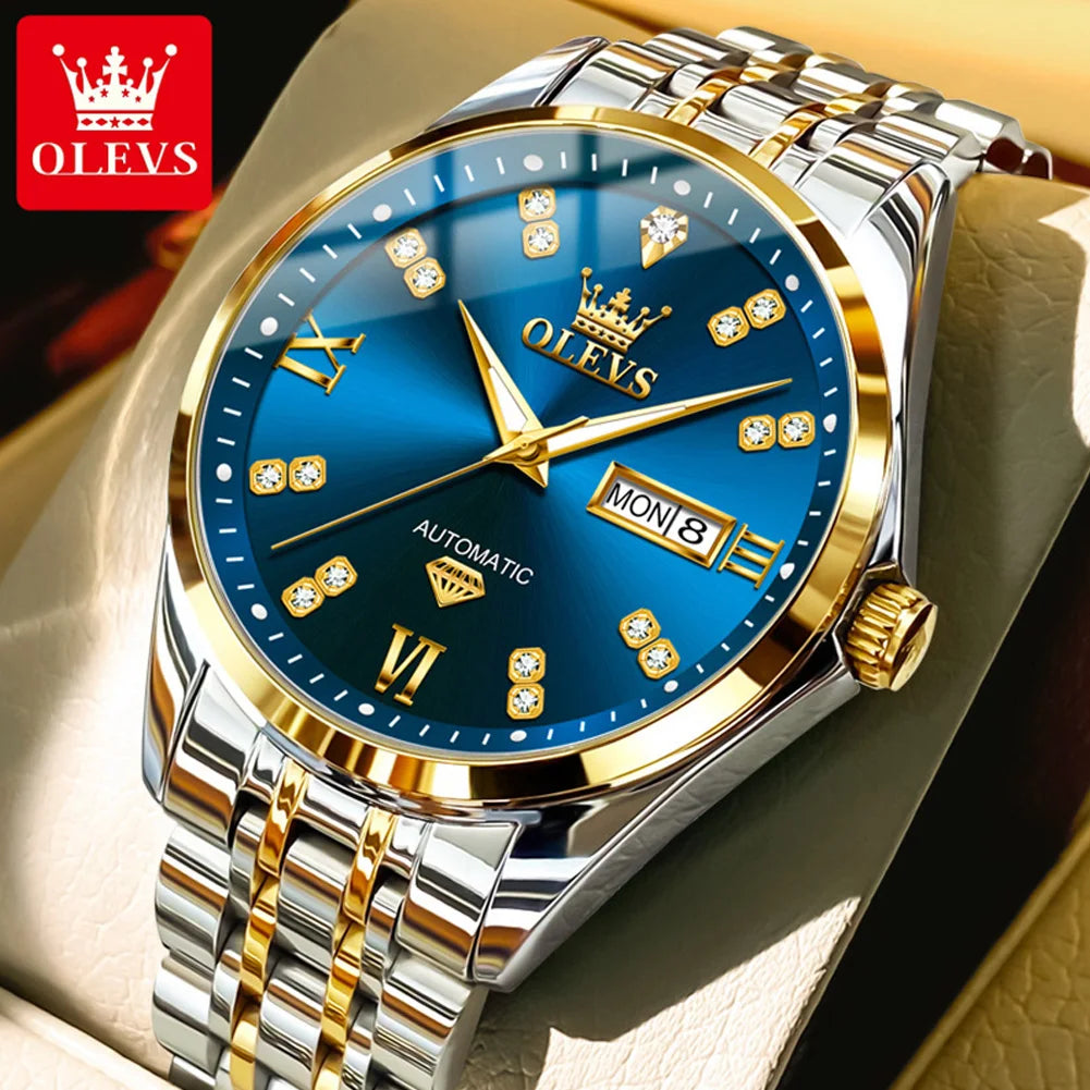 OLEVS 9801 Mens Watch Original Waterproof Luminous Watches For Men Automatic Mechanical Watch Dual Calendar Display Mens Gifts - EverythingWhatYouWant