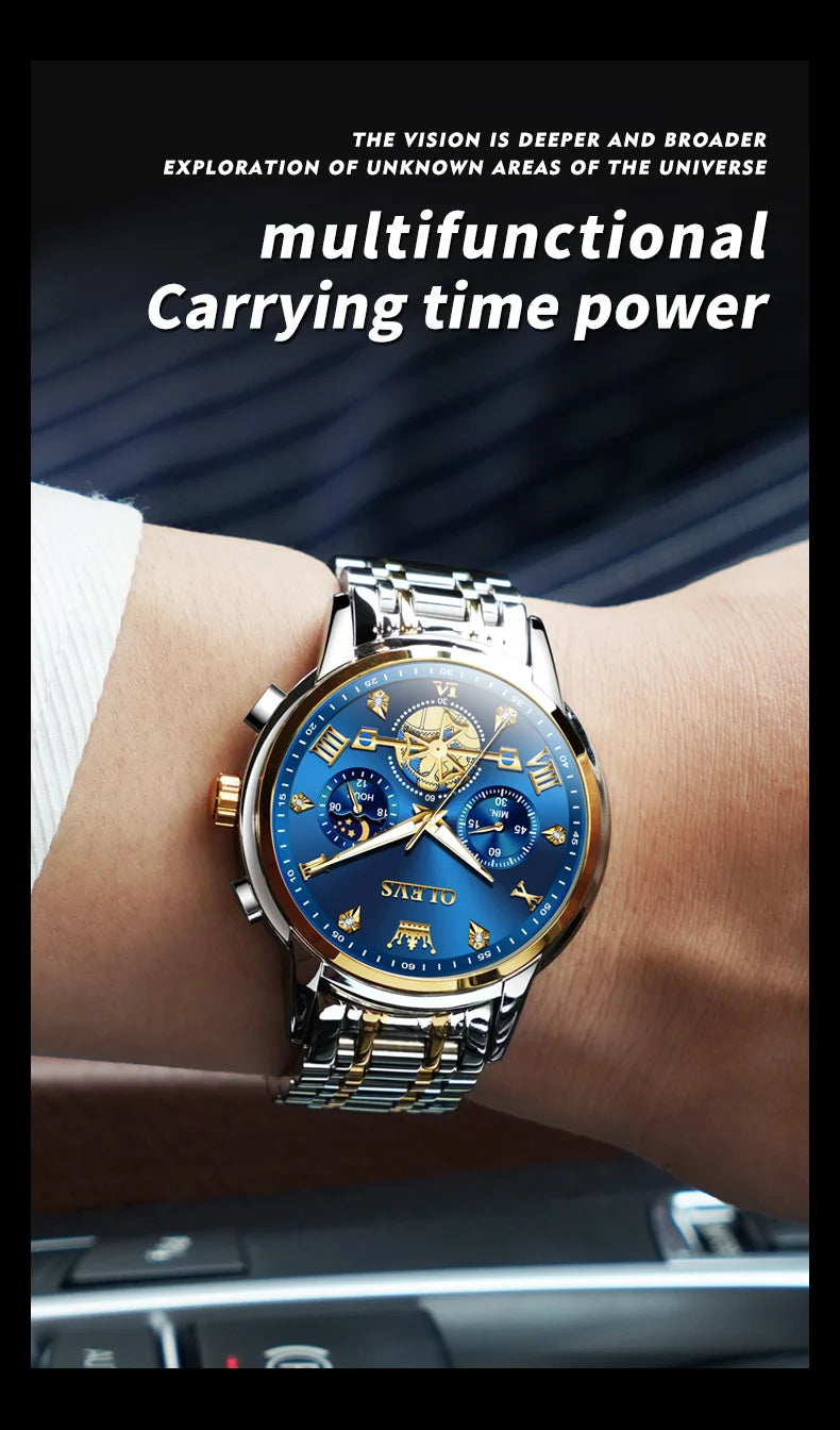 OLEVS 2856 Quartz Watch for Men Flywheel Skeleton Chronograph Moon Phase Multifunctional Stainless steel Men's Wristwatches - EverythingWhatYouWant