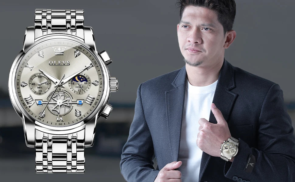 OLEVS 2856 Quartz Watch for Men Flywheel Skeleton Chronograph Moon Phase Multifunctional Stainless steel Men's Wristwatches - EverythingWhatYouWant