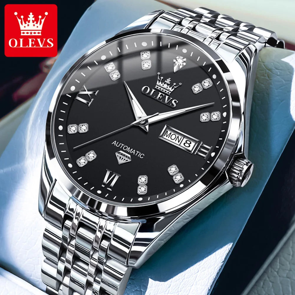 OLEVS 9801 Mens Watch Original Waterproof Luminous Watches For Men Automatic Mechanical Watch Dual Calendar Display Mens Gifts - EverythingWhatYouWant