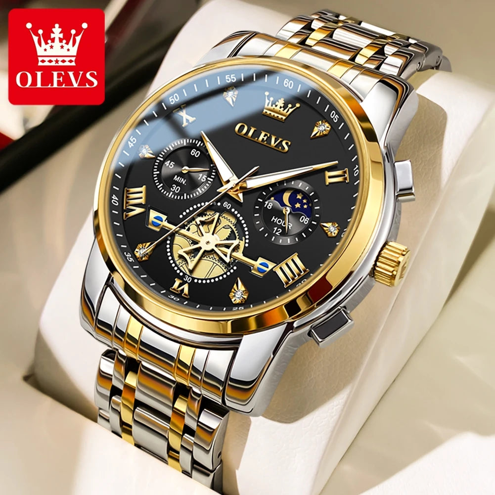 OLEVS 2856 Quartz Watch for Men Flywheel Skeleton Chronograph Moon Phase Multifunctional Stainless steel Men's Wristwatches - EverythingWhatYouWant