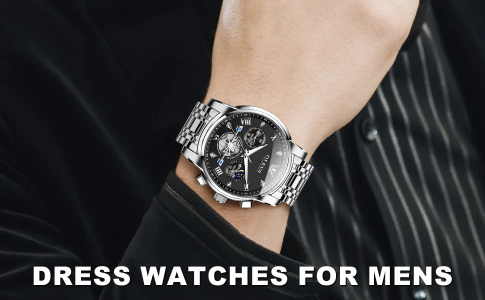OLEVS 2856 Quartz Watch for Men Flywheel Skeleton Chronograph Moon Phase Multifunctional Stainless steel Men's Wristwatches - EverythingWhatYouWant