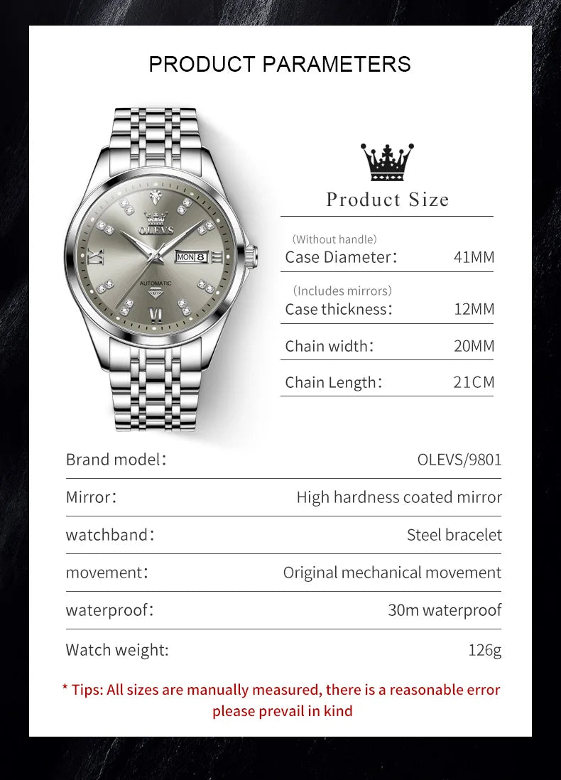 OLEVS 9801 Mens Watch Original Waterproof Luminous Watches For Men Automatic Mechanical Watch Dual Calendar Display Mens Gifts - EverythingWhatYouWant