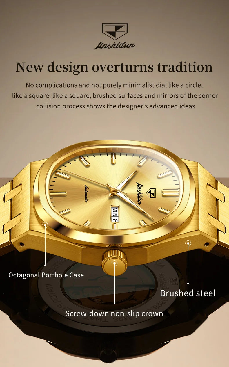JSDUN 8966 Full Gold Watch for Men Automatic Mechanical Dual Calendar Display Waterproof Night light Man Wristwatch - EverythingWhatYouWant