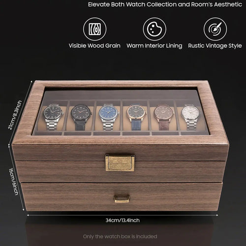 2-Tier Watch Holder Organizer With 24 Compartments Large Capacity Watch Box Wood Watch Case for Men and Women - EverythingWhatYouWant
