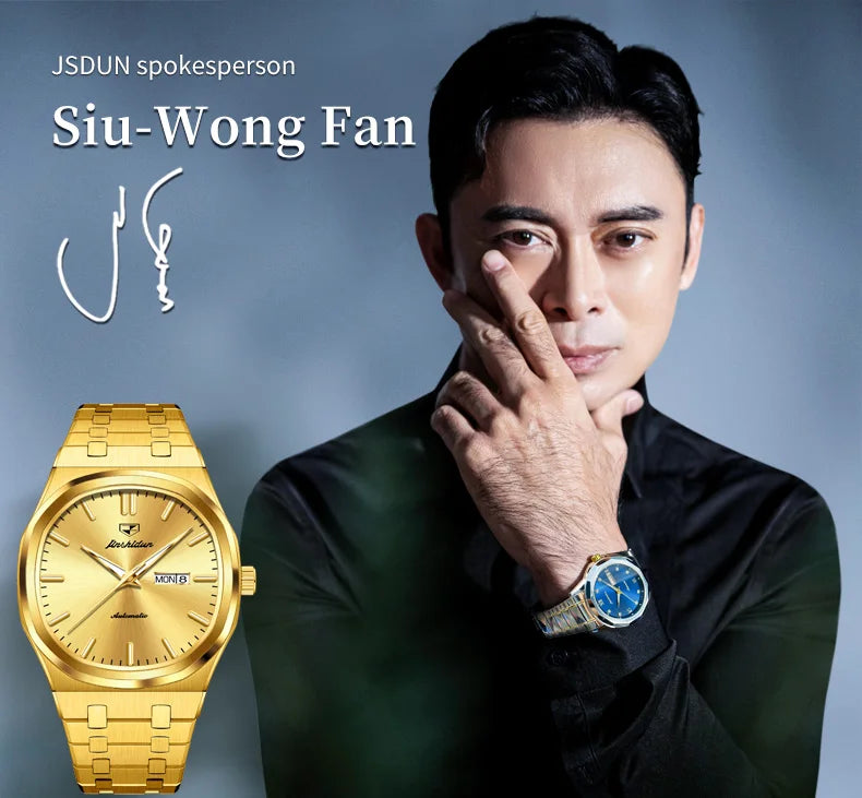 JSDUN 8966 Full Gold Watch for Men Automatic Mechanical Dual Calendar Display Waterproof Night light Man Wristwatch - EverythingWhatYouWant