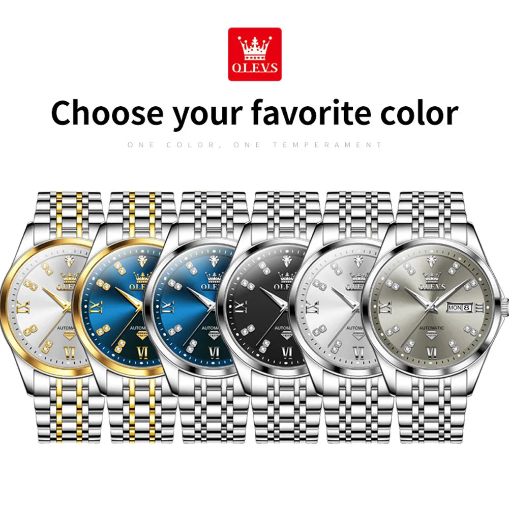 OLEVS 9801 Mens Watch Original Waterproof Luminous Watches For Men Automatic Mechanical Watch Dual Calendar Display Mens Gifts - EverythingWhatYouWant