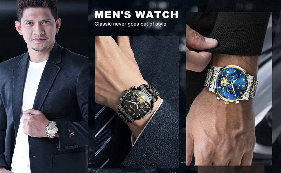 OLEVS 2856 Quartz Watch for Men Flywheel Skeleton Chronograph Moon Phase Multifunctional Stainless steel Men's Wristwatches - EverythingWhatYouWant