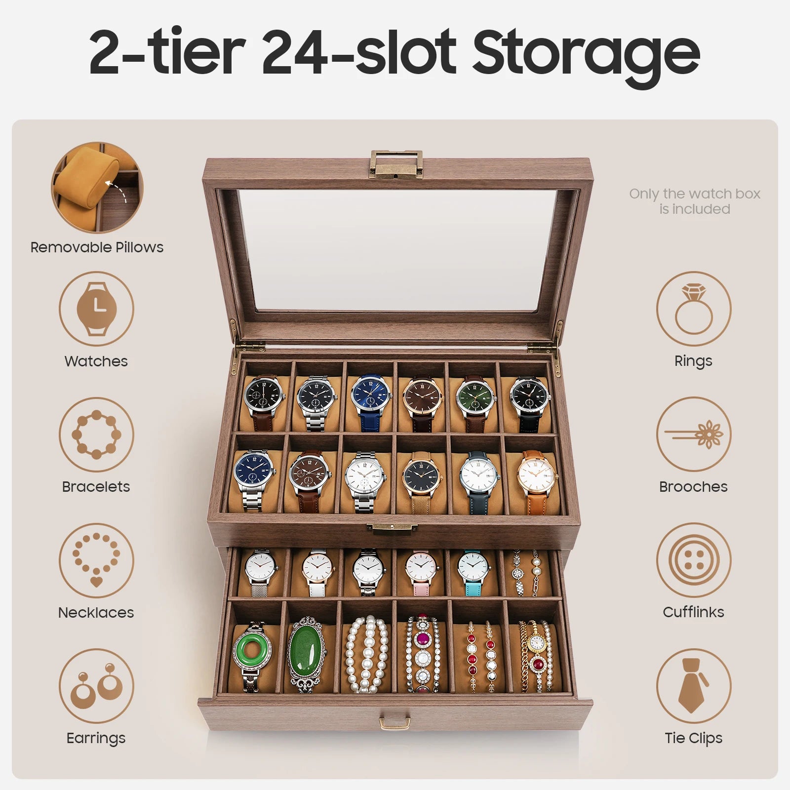 2-Tier Watch Holder Organizer With 24 Compartments Large Capacity Watch Box Wood Watch Case for Men and Women - EverythingWhatYouWant