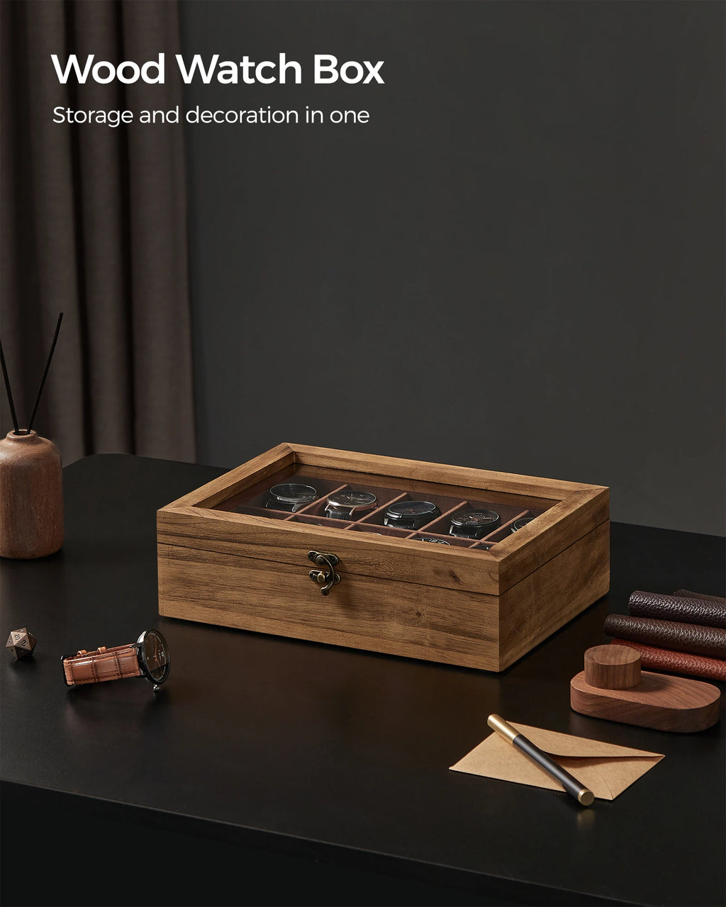 SONGMICS 10-Slot Watch Box, Watch Display Case with Large Glass Lid, Removable Watch Pillows, Velvet Lining - EverythingWhatYouWant