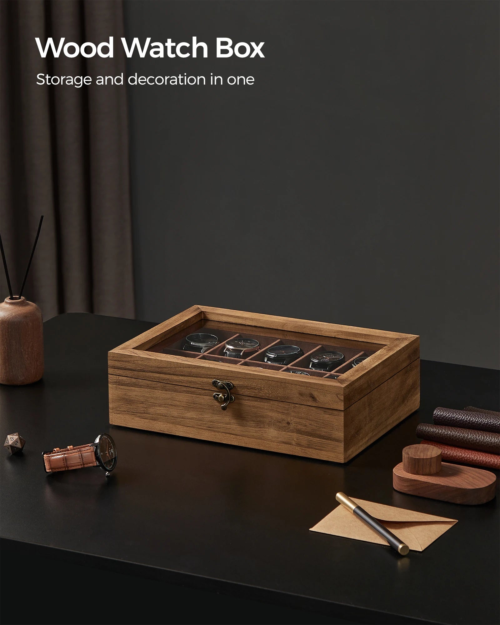 SONGMICS 10-Slot Watch Box, Watch Display Case with Large Glass Lid, Removable Watch Pillows, Velvet Lining - EverythingWhatYouWant