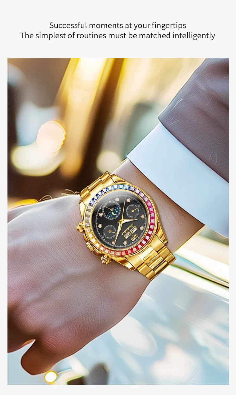 JSDUN 8974 New Moon Phase Automatic Watch for Men Gold Steel Strap Rainbow Diamond Lap Luxury Original Brand Mehcanical Watches - EverythingWhatYouWant