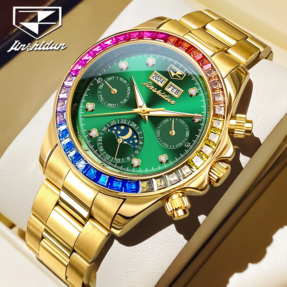 JSDUN 8974 New Moon Phase Automatic Watch for Men Gold Steel Strap Rainbow Diamond Lap Luxury Original Brand Mehcanical Watches - EverythingWhatYouWant