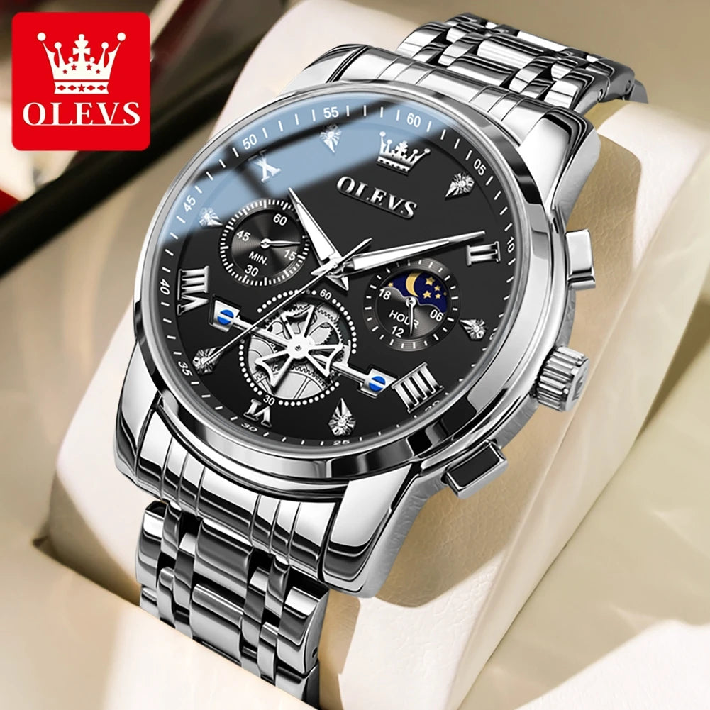 OLEVS 2856 Quartz Watch for Men Flywheel Skeleton Chronograph Moon Phase Multifunctional Stainless steel Men's Wristwatches - EverythingWhatYouWant