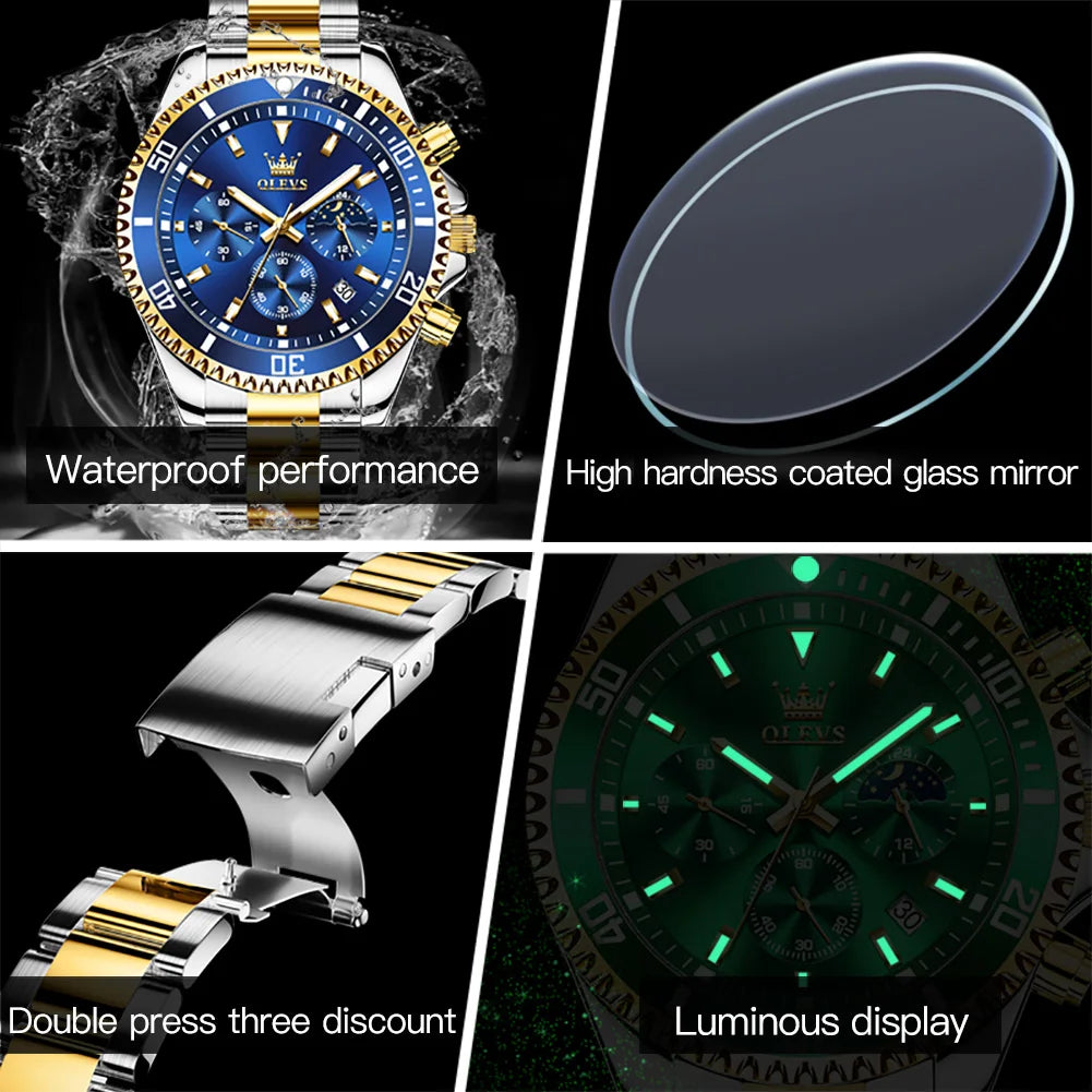OLEVS Original Quartz Watch for Men Stainless Steel Waterproof Chronograph Moon Phase Auto Date Luxury Men's Sports Wristwatches - EverythingWhatYouWant