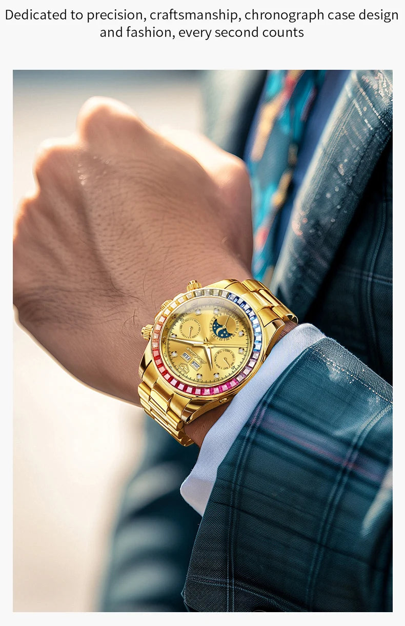 JSDUN 8974 New Moon Phase Automatic Watch for Men Gold Steel Strap Rainbow Diamond Lap Luxury Original Brand Mehcanical Watches - EverythingWhatYouWant