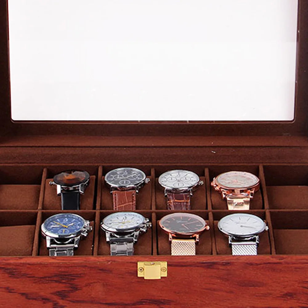 Watch Box, 12 Slot Watch Display Wooden Case, Transparent, Glass Organizer Storage for Men and Women, Brown - EverythingWhatYouWant