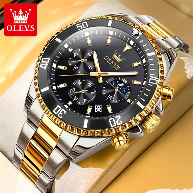 OLEVS Original Quartz Watch for Men Stainless Steel Waterproof Chronograph Moon Phase Auto Date Luxury Men's Sports Wristwatches - EverythingWhatYouWant