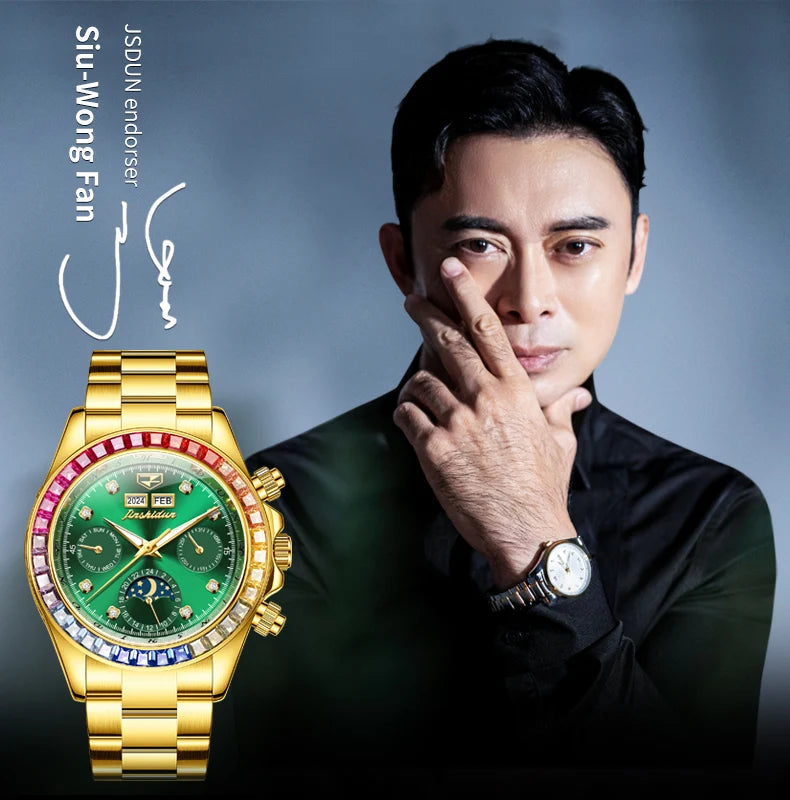 JSDUN 8974 New Moon Phase Automatic Watch for Men Gold Steel Strap Rainbow Diamond Lap Luxury Original Brand Mehcanical Watches - EverythingWhatYouWant