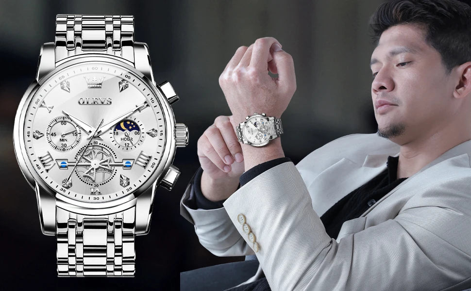 OLEVS 2856 Quartz Watch for Men Flywheel Skeleton Chronograph Moon Phase Multifunctional Stainless steel Men's Wristwatches - EverythingWhatYouWant