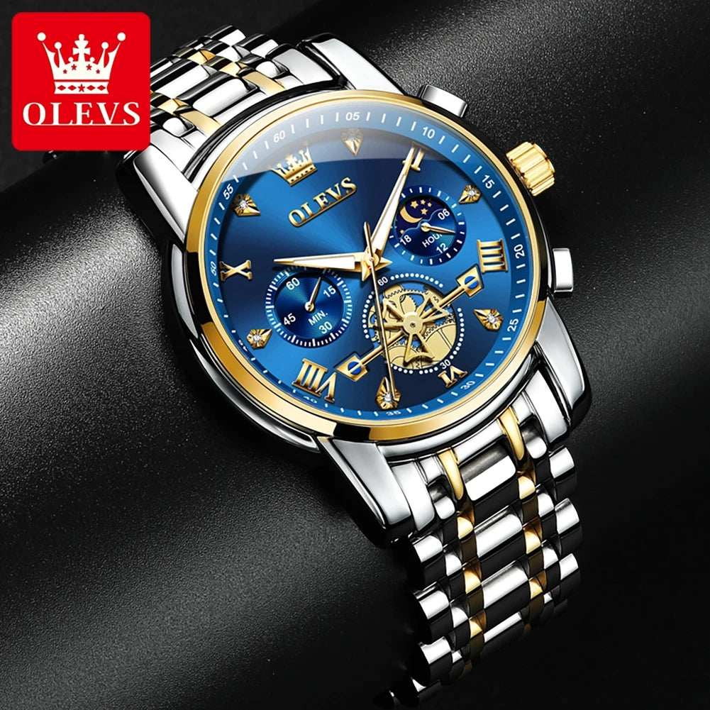 OLEVS 2856 Quartz Watch for Men Flywheel Skeleton Chronograph Moon Phase Multifunctional Stainless steel Men's Wristwatches - EverythingWhatYouWant