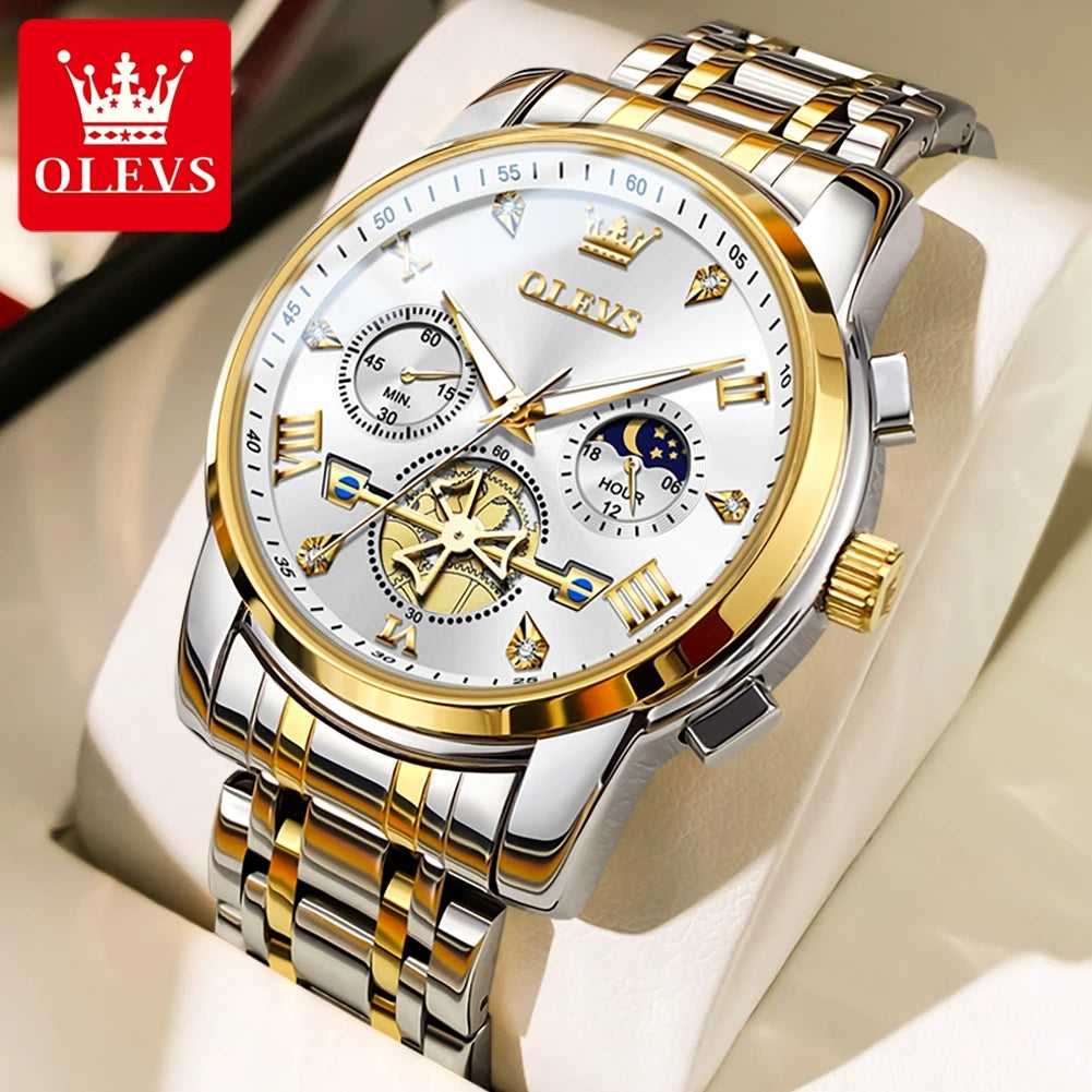 OLEVS 2856 Quartz Watch for Men Flywheel Skeleton Chronograph Moon Phase Multifunctional Stainless steel Men's Wristwatches - EverythingWhatYouWant