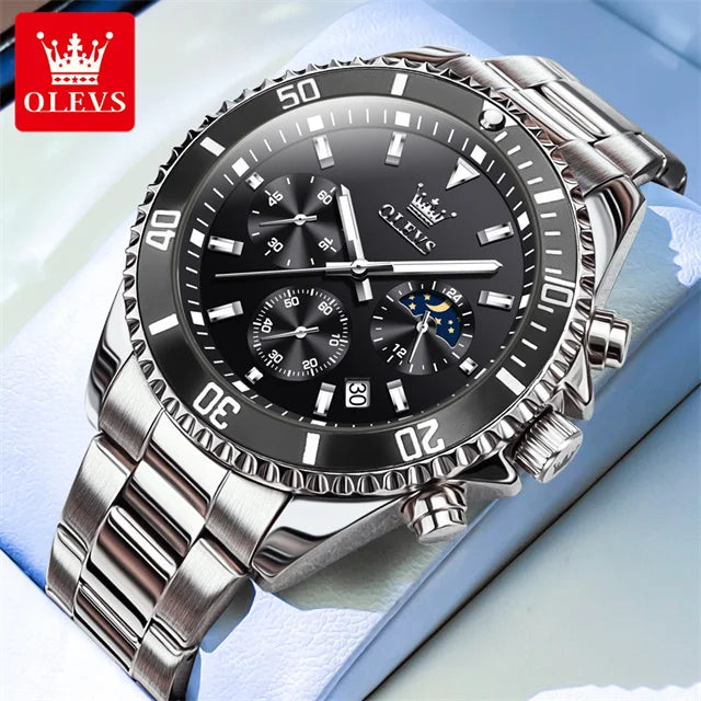 OLEVS Original Quartz Watch for Men Stainless Steel Waterproof Chronograph Moon Phase Auto Date Luxury Men's Sports Wristwatches - EverythingWhatYouWant