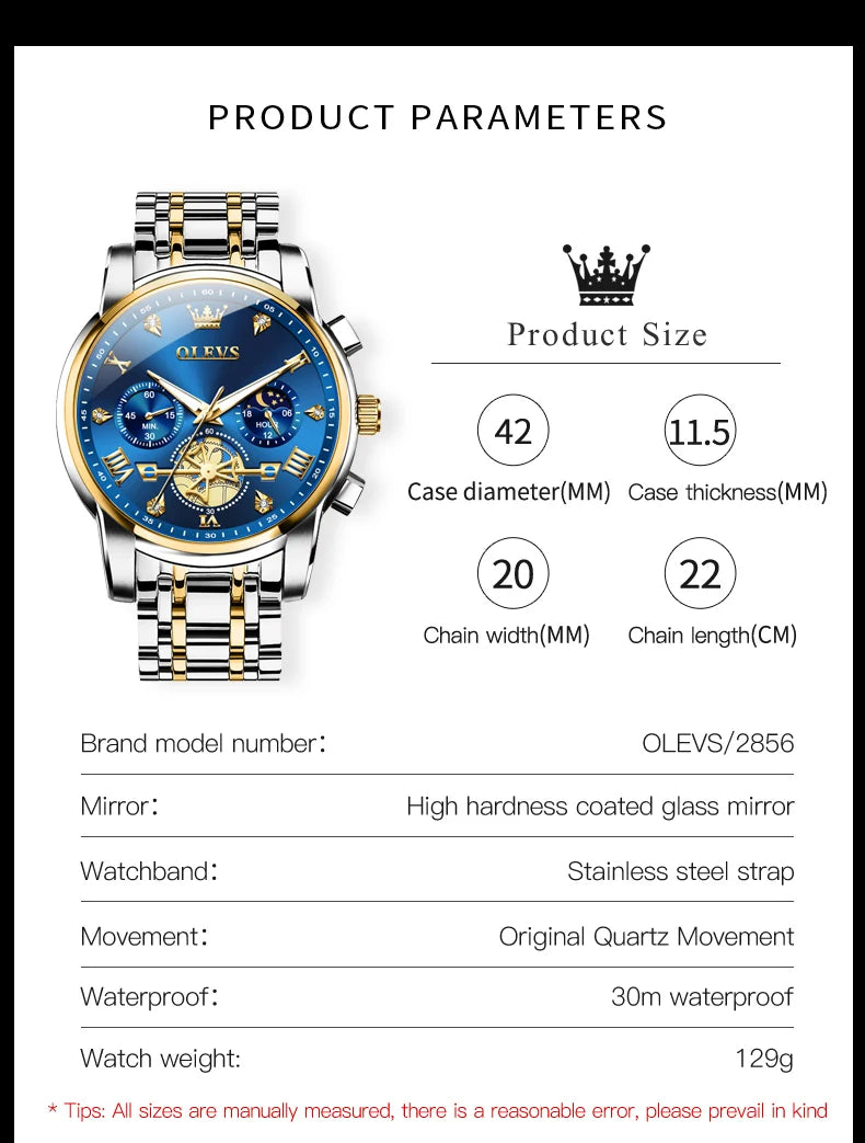 OLEVS 2856 Quartz Watch for Men Flywheel Skeleton Chronograph Moon Phase Multifunctional Stainless steel Men's Wristwatches - EverythingWhatYouWant