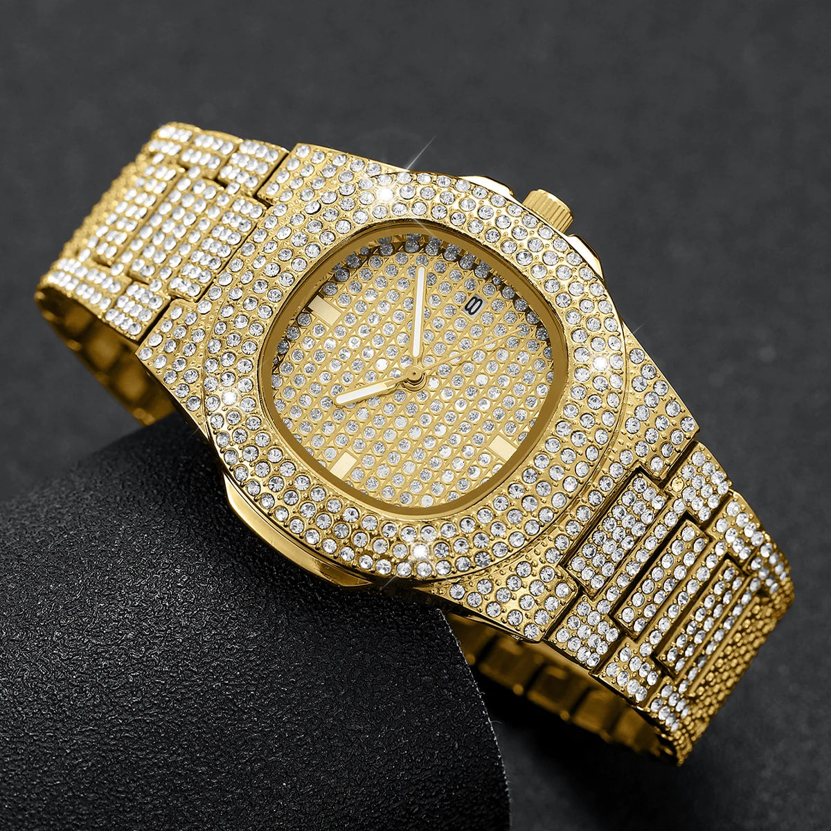Luxury Full Diamond Men's Stainless Steel Watches Male Sports Quartz Wristwatch with Calendar - EverythingWhatYouWant