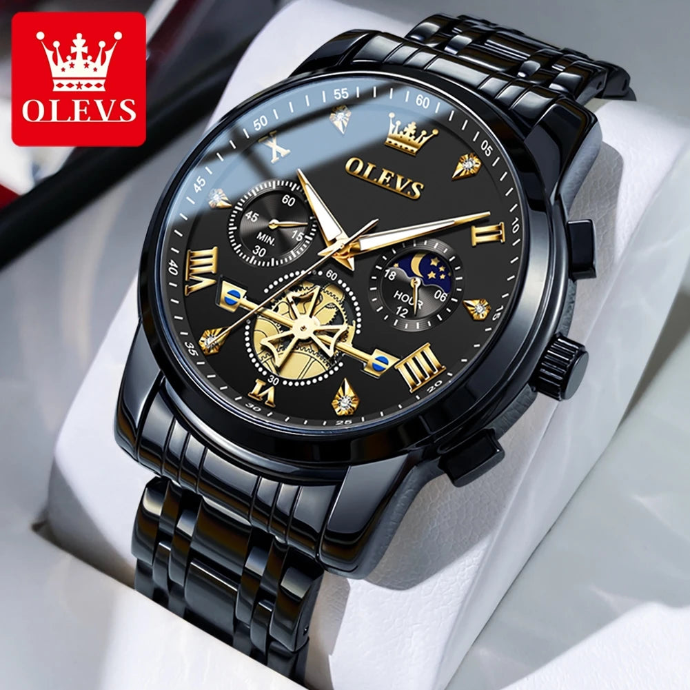 OLEVS 2856 Quartz Watch for Men Flywheel Skeleton Chronograph Moon Phase Multifunctional Stainless steel Men's Wristwatches - EverythingWhatYouWant