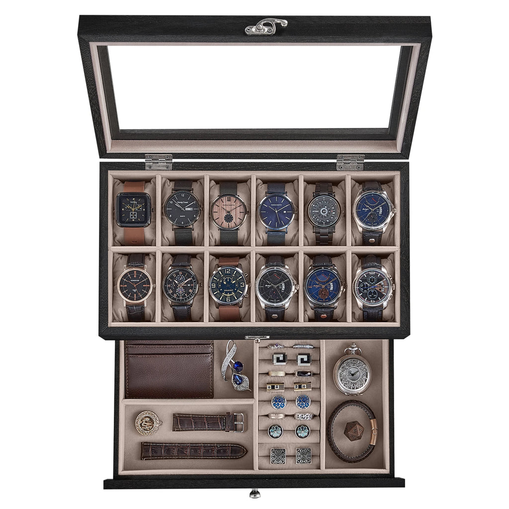 SONGMICS 12-Slot Watch Box, 2-Tier Watch Display Case with Large Glass Lid, Removable Watch Pillows, Velvet Lining, Jewelry Box - EverythingWhatYouWant