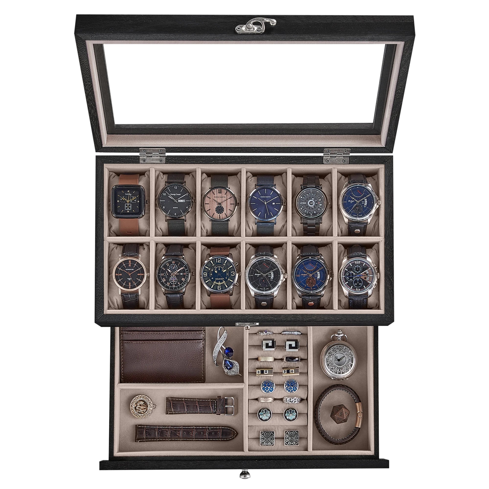 SONGMICS 12-Slot Watch Box, 2-Tier Watch Display Case with Large Glass Lid, Removable Watch Pillows, Velvet Lining, Jewelry Box - EverythingWhatYouWant