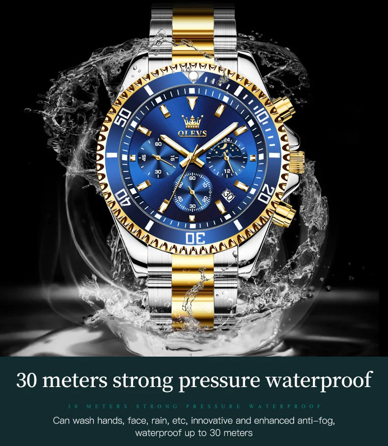 OLEVS Original Quartz Watch for Men Stainless Steel Waterproof Chronograph Moon Phase Auto Date Luxury Men's Sports Wristwatches - EverythingWhatYouWant