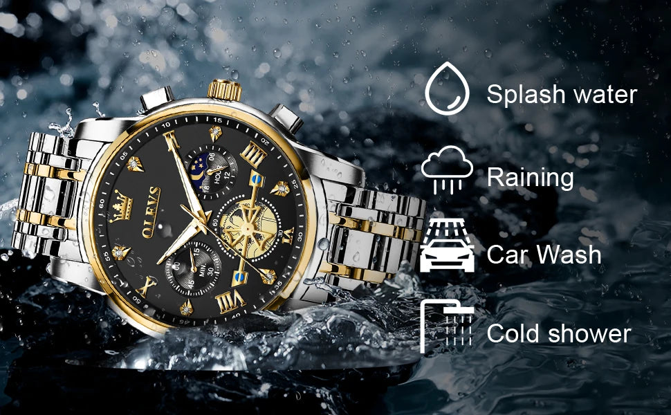 OLEVS 2856 Quartz Watch for Men Flywheel Skeleton Chronograph Moon Phase Multifunctional Stainless steel Men's Wristwatches - EverythingWhatYouWant