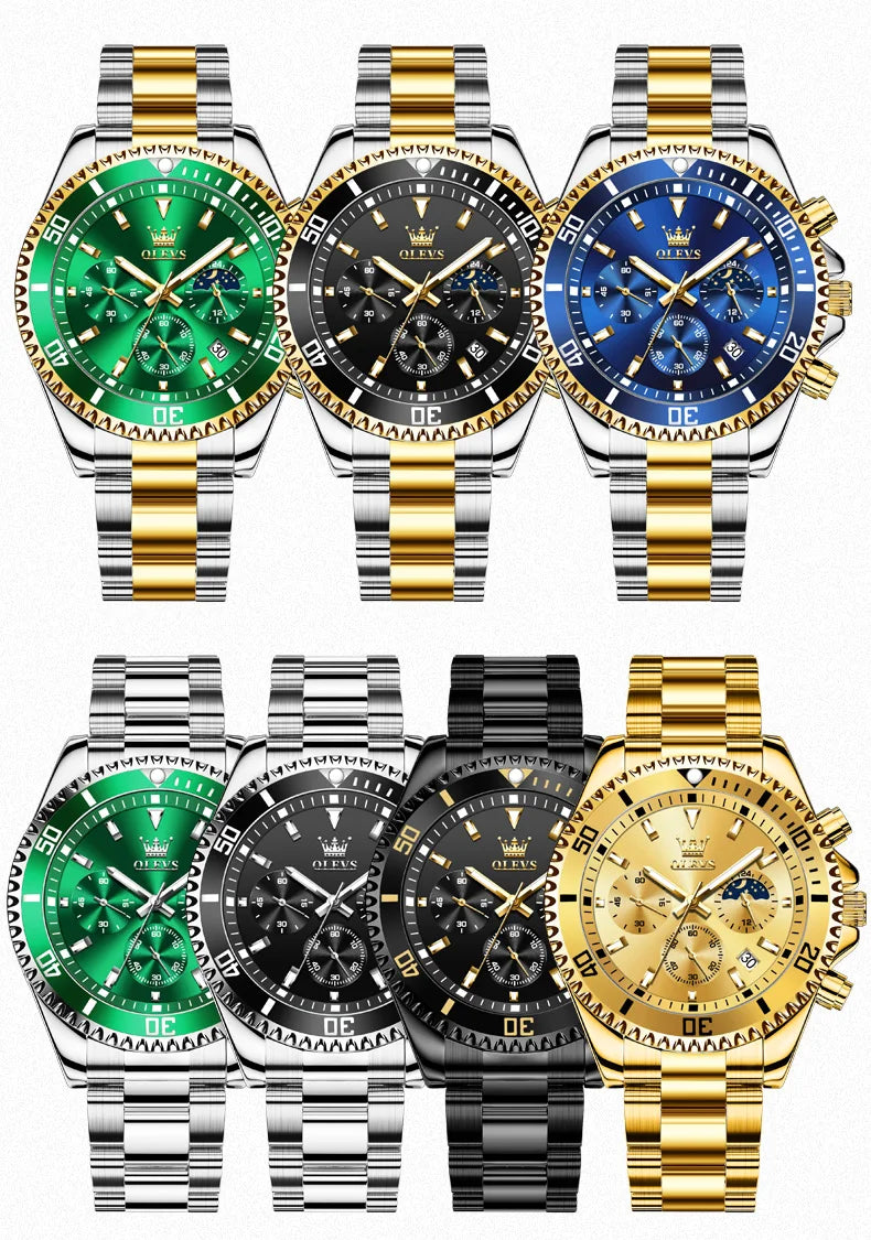 OLEVS Original Quartz Watch for Men Stainless Steel Waterproof Chronograph Moon Phase Auto Date Luxury Men's Sports Wristwatches - EverythingWhatYouWant
