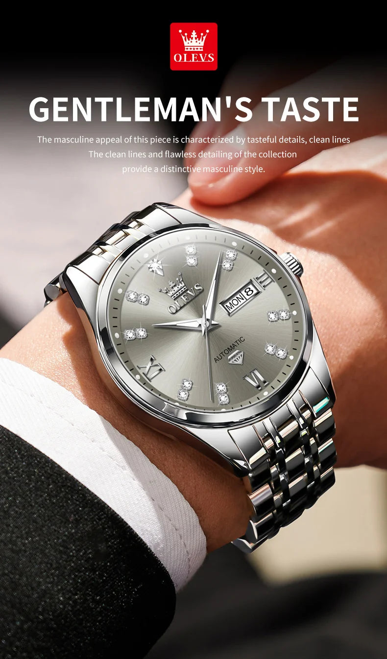 OLEVS 9801 Mens Watch Original Waterproof Luminous Watches For Men Automatic Mechanical Watch Dual Calendar Display Mens Gifts - EverythingWhatYouWant